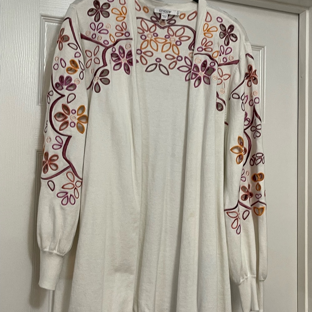 Chico's White Cardigan with Floral Embroidery